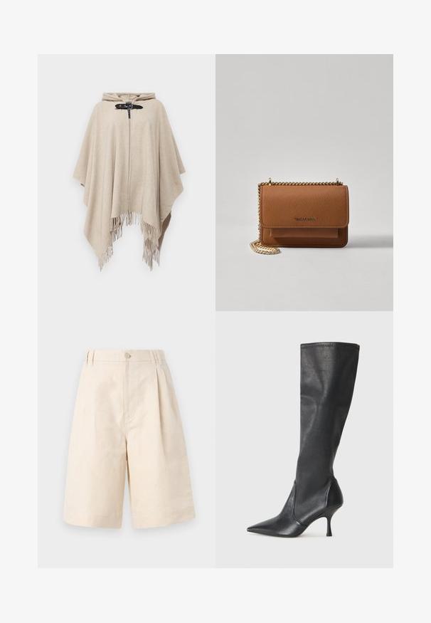 Emporio Armani PONCHO - Plašt - butterscotch; Skraćena bijela majica od mekog materijala, s kratkim rukavima, okruglim izrezom i rebrastim detaljima na rubu. Jednostavan i neukrašen dizajn.; Bež lanene kratke hlače s opuštenim krojem, koje imaju zatvaranje na dugme, nabran dizajn i dužinu do koljena. Glatka tekstura i jednostavan stil.; Čizme od crne kože visine do koljena s šiljastim nosom i uskim stiletto potpeticama. Glatka tekstura s tijesnim dizajnom i šavovima na gornjoj ivici.; Smeđa kožna torba preko tijela s teksturom, zlatnim lančićem i preklopom na zatvaranju. Na prednjoj strani nalazi se detalj s potpisom i džep ispod preklopa.