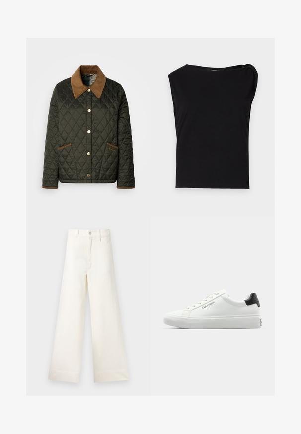 Quilted dark green jacket with a brown corduroy collar, gold snap buttons, and two side pockets featuring brown accents.; Black short-sleeve top made of smooth fabric. Features a round neckline and draped detail on the shoulder. Simple, fitted design.; Wide-leg trousers in light beige cotton. Features a high waist, front pockets, and a straight cut. Clean hem finishing without patterns.; White sneaker with a smooth finish, black heel accent, and lace-up design. Features "Calvin Klein" branding on the side. Minimalist style.