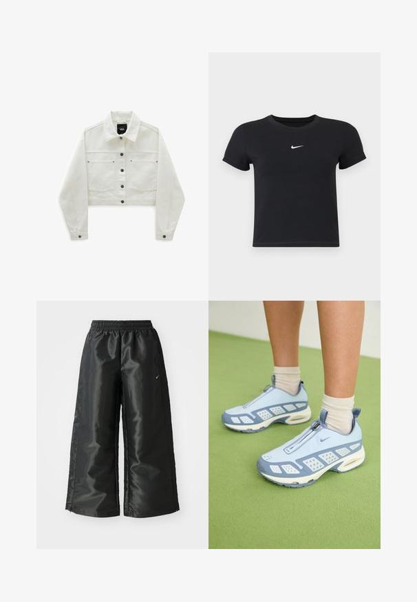 Chaqueta de mezclilla blanca recortada con dos bolsillos en el pecho, cierres de botón marrón y un cuello clásico. Textura suave y mangas largas, ligeramente abullonadas.; Camiseta negra de manga corta hecha de algodón con un cuello redondo. Presenta un logo blanco de Nike en el pecho, diseño minimalista y forma ajustada.; Pantalones deportivos negros de tejido brillante y suave, con una cinturilla elástica, pierna ancha y un pequeño logo en el lado izquierdo.; Zapatos deportivos azul claro con acentos blancos, paneles texturizados y cierre de cremallera. Presentan una suela con amortiguación de aire visible y suela de goma.