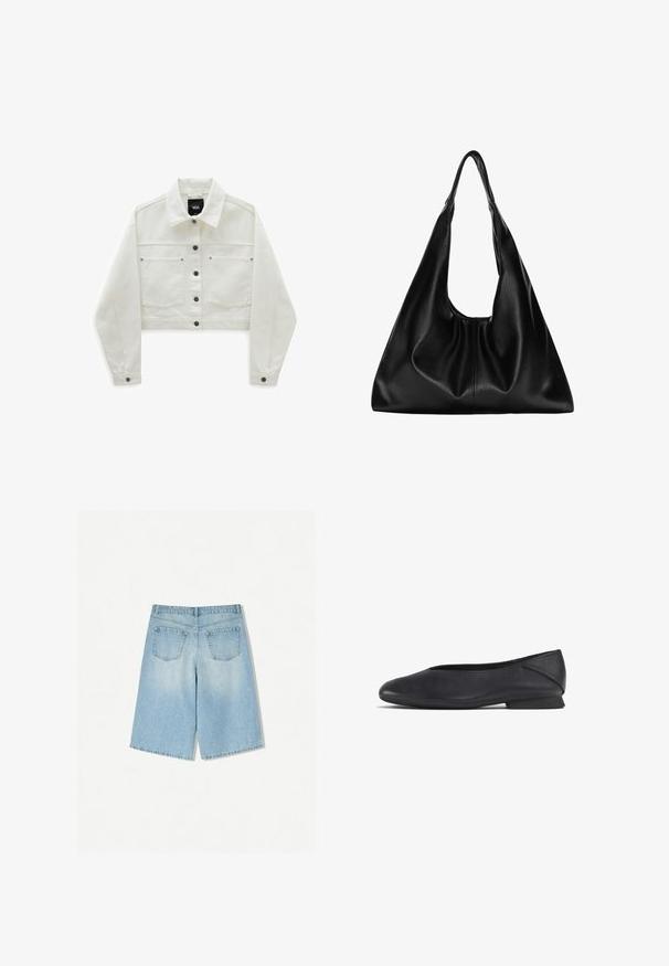 Korte witte denimjas met twee borstzakken, bruine knoopsluitingen en een klassieke kraag. Zachte textuur en lange, iets poffende mouwen.; Effen witte langslopende shirt met lange mouwen, ronde hals, van achteren weergegeven, plat gelegd op een witte achtergrond.; Lichtblauwe denimshorts met een relaxte fit, voorzien van twee achterzakken en een recht vallend ontwerp. Schone zoom en zachte textuur.; Zwarte leren platte schoen met ronde teen en lage hak, ontworpen voor casual of formele gelegenheden.; Zwarte leren hobo tas met een zachte, gebogen vorm. Heeft een brede bovenhandgreep en plooien aan de onderkant voor een slappe textuur.