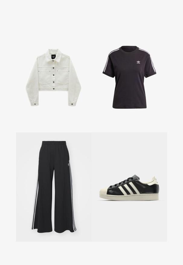 Cropped white denim jacket with two chest pockets, brown button closures, and a classic collar. Soft texture and long, slightly puffy sleeves.; Black cotton short-sleeve t-shirt with round neck, featuring white stripes on shoulders and a small white Adidas logo on the chest.; Black wide-leg sweatpants with an elastic waistband, featuring white side stripes and an embroidered logo on the left thigh.; Black leather sneaker with white stripes, rubber toe cap, black laces, and a cream-colored outsole. Smooth texture with shiny finish.