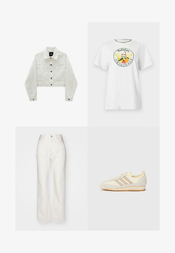 Giacca di jeans bianca tagliata con due tasche sul petto, chiusure con bottoni marroni e colletto classico. Texture morbida e maniche lunghe, leggermente voluminosi.; T-shirt bianca in cotone a maniche corte, con un logo grafico rotondo in verde e giallo, che mostra "Adidas Originals" e disegni di frutta.; Pantaloni in denim bianco con vita alta e taglio ampio. Presentano chiusura con bottone e zip, passanti per cintura e dettagli di cucitura sottili.; Sneaker sportivo crema con tre strisce beige, materiali in suede e tessuto, suola testurizzata e logo in rilievo sul tallone.