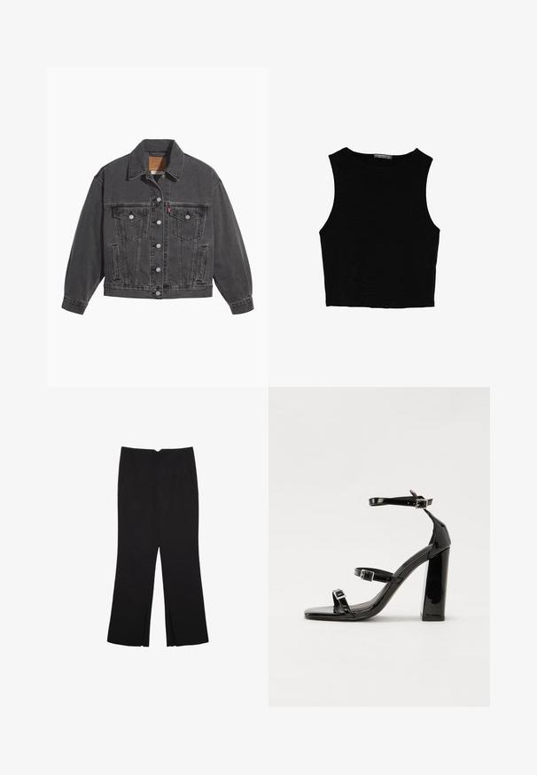 Svart denimjacka med klassisk krage, två bröstfickor, silverfärgade knappstängningar och en något blekt yta.; Svart ärmlös crop top i mjukt tyg, med rund hals och en ren, enkel design utan mönster eller detaljer.; Svarta byxor med rak passform, utrustade med framfickor och sidoklyvningar vid fållen. Tillverkade av mjukt, slätt tyg. Lämpliga för olika tillfällen.; Svarta lackerade klacksandaler med fyrkantig tå, ankelremmar och silverfärgade spännen. Har en kraftig blockklack för stabilitet.