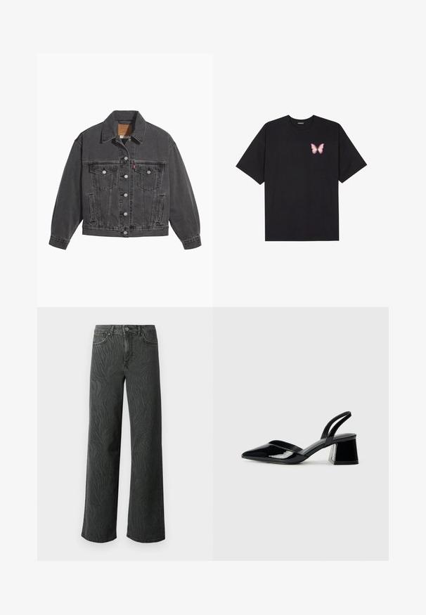 Melnas džinsa jaka ar klasisku apkakli, divām krūšu kabatām, sudraba pogu aizdari un nedaudz izbalējušu faktūru.; Melna kokvilnas T-krekls ar īsām piedurknēm, kuram priekšā kreisajā pusē ir neliels rozā tauriņa grafiskais attēls. Ar apaļu kaklu un brīvā stila piegriezumu.; Plaša kāju džinsi tumši pelēkā denimā, ar vieglu zebra rakstu tekstūru, kontrastējošām šuvēm un piecu kabatu dizainu ar pogu aizdari.; Melna lakota āda ar atvērto papēdi, ar smailu purngalu un ģeometrisku blokpapēdi. Iezīmējas elegants, minimāls dizains un gluda tekstūra.