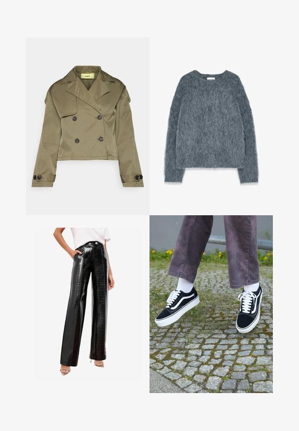 Giacca corta verde oliva realizzata in un tessuto liscio, caratterizzata da un design doppiopetto con grandi bottoni neri e ampi rever.; Maglione grigio testurizzato con una vestibilità ampia, maniche lunghe e scollatura larga. Materiale morbido e peloso con una leggera lucentezza. Nessun motivo o accento prominente.; Pantaloni neri a vita alta realizzati in finta pelle lucida, caratterizzati da un motivo a coccodrillo, tasche laterali e design a gamba dritta.; Sneaker in suede nero con dettagli bianchi, caratterizzati da una punta arrotondata, suola spessa bianca e design classico con lacci, indossati con calze bianche e pantaloni viola.
