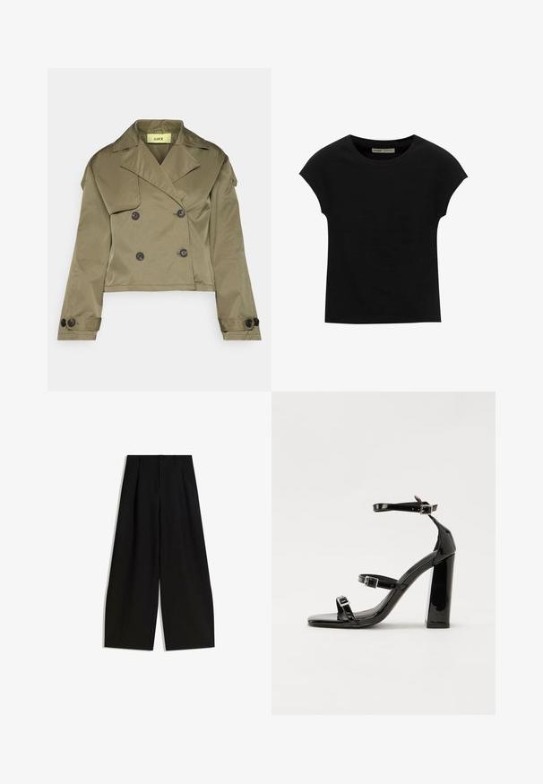 Olajzöld, rövidített dzseki sima anyagból, dupla gombolású kialakítással, nagy fekete gombokkal és széles hajtókákkal.; Fekete rövid ujjú póló kerek nyakkivágással. Sima, rugalmas pamut anyagból készült. Egyszerű kialakítás, minták vagy grafikák nélkül.; Fekete, széles lábú nadrág, sima anyagból készült, magas derékkal, elöl redőkkel, díszítések vagy minták nélkül.; Fekete lakk magas sarkú szandál négyzet alakú orral, bokapántokkal és ezüst csatokat tartalmaz. Masszív blokk sarka a stabilitásért felel.