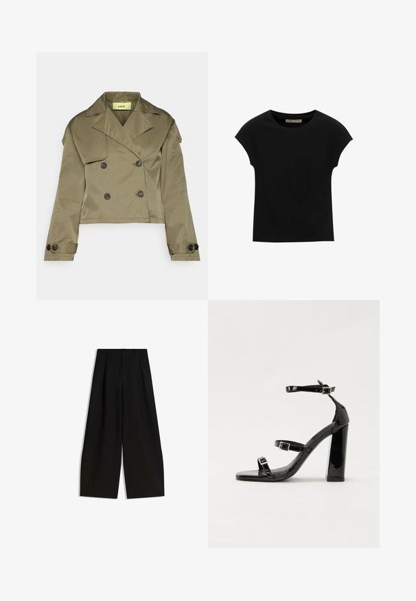 Maslinasto zelena skraćena jakna od glatkog materijala, s dvostrukim dugmadi s velikim crnim dugmadi i širokim reverima.; Crna majica s kratkim rukavima od mekog materijala, s okruglim izrezom i opuštenim krojem, s glatkom teksturom i bez uzoraka.; Crne široke hlače izrađene od glatkog materijala, s visokim strukom, nabranim detaljima sprijeda i bez vidljivih ukrasa ili uzoraka.; Crne lakirane sandale na pete sa kvadratnim nosom, trakama oko gležnja i srebrnim kopčama. Imaju čvrst blok petu za stabilnost.