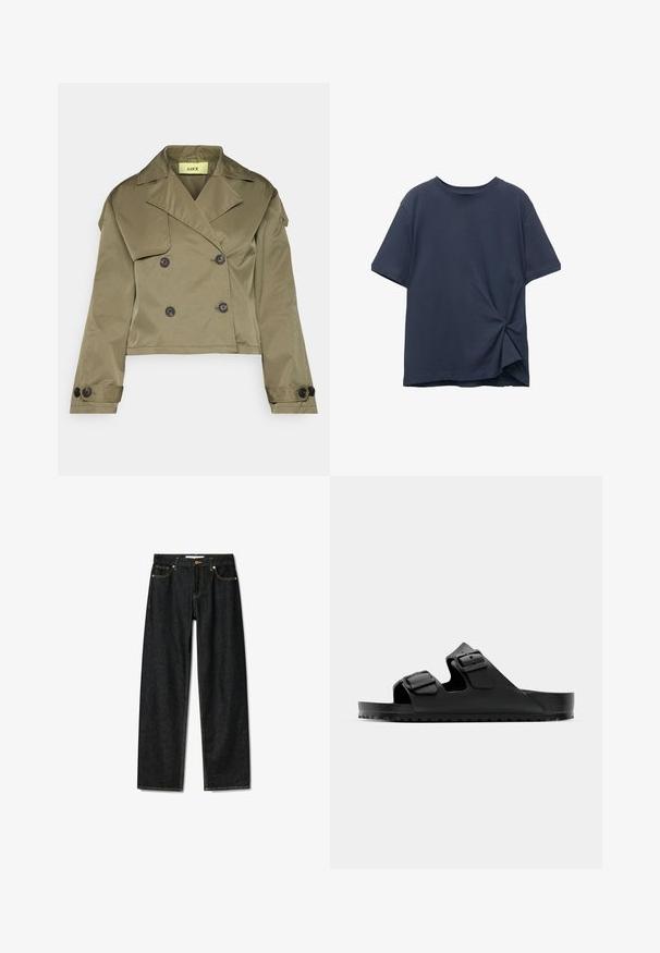 Olajzöld, rövidített dzseki sima anyagból, dupla gombolású kialakítással, nagy fekete gombokkal és széles hajtókákkal.; Tengerészkék, rövid ujjú pamut póló; oldalán csavart csomó részlettel, kerek nyakkivágással és laza szabással.; Sötét farmernadrág egyenes szabással, réz gombos záródással és kontrasztos sárga varrással. Öt zsebbel és klasszikus fazonnal rendelkezik.; Fekete szandál, két állítható pánttal, szintetikus anyagból készült. Texturált talpbetéttel és tartós gumitalppal rendelkezik, amely jó tapadást biztosít.