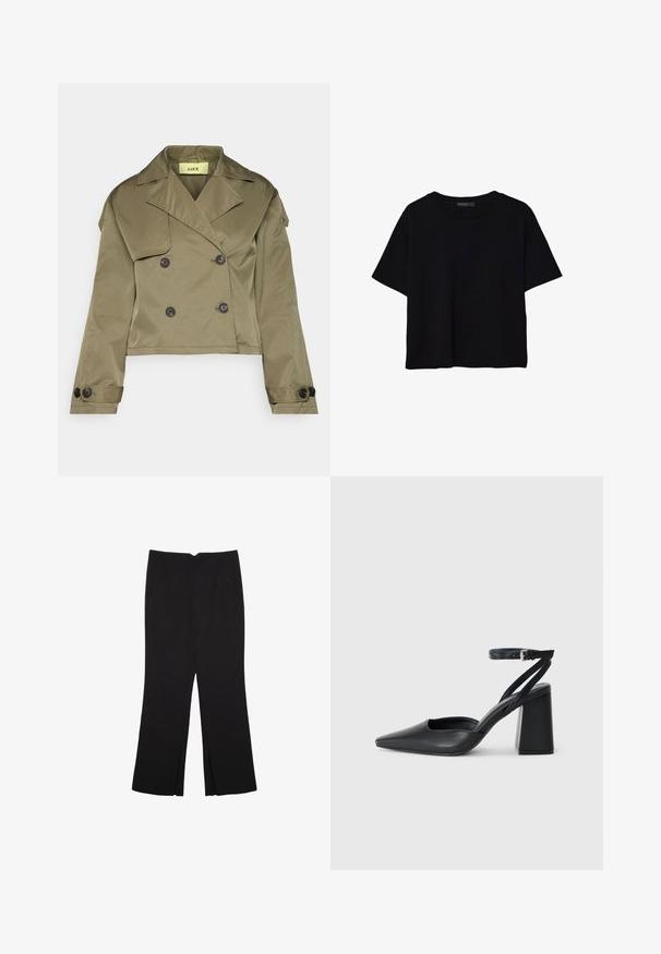 Olivově zelená zkrácená bunda vyrobená z hladkého materiálu, se zapínáním na dvojité knoflíky s velkými černými knoflíky a širokým límcem.; Černé tričko s krátkým rukávem vyrobené z bavlny. Má kulatý výstřih a volný střih s hladkým, jednobarevným povrchem. Bez viditelných vzorů nebo akcentů.; Černé kalhoty s rovným střihem, s předními kapsami a bočními rozparky na lemu. Vyrobené z jemné, hladké tkaniny. Vhodné na různé příležitosti.; Černé kožené lodičky se špičatou špičkou, kotníkovým páskem a silným podpatkem. Hladká textura, elegantní design a minimalistická estetika.