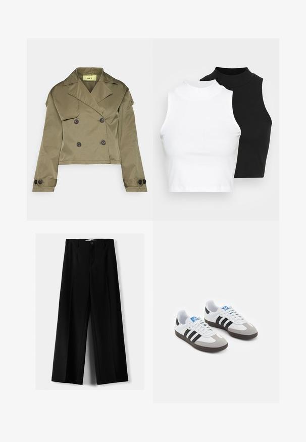 Jachetă scurtă de culoare verde măslin, realizată dintr-un material neted, având un design cu două rânduri de nasturi, cu nasturi mari negri și reveruri late.; Două bluze fără mâneci, cu guler înalt, în culorile negru și alb, având un design ajustat și o textură netedă, cu o lungime scurtă.; Pantaloni negri cu picior larg, fabricați dintr-un material ușor, cu închidere frontală cu nasture și față plată, având tivuri cusute cu atenție.; Încălțăminte sport cu un superior din piele albă, vârf din suede gri și trei dungi negre. Prezintă un logo albastru pe limbă și o talpă din cauciuc texturat.