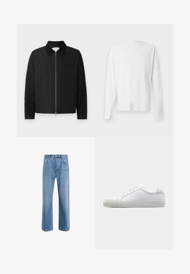 Schwarze Langarm-Jacke mit Reißverschluss und Kragen, einer Brusttasche und zwei Seitentaschen, auf einem weißen Hintergrund präsentiert.; Langärmliges weißes Baumwollhemd mit rundem Ausschnitt, seitlichen Schlitzen am unteren Rand und glatter Textur, von hinten präsentiert.; Helle blaue Jeans im Geradeschnitt-Design, mit fünf Taschen, Knopfverschluss, minimaler Ausbleichung und kontrastierenden Nähdetails.; Weißer Sneaker mit glattem Lederobermaterial und niedrigem Profil. Verfügt über eine runde Zehenpartie, sechs Ösen und eine strukturierte Gummisohle.