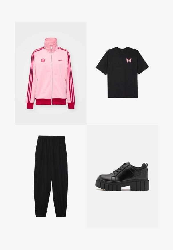 adidas Originals FIREBIRD - Verryttelytakki - semi pink spark; Musta puuvillapaita lyhyillä hihoilla, jossa on pieni vaaleanpunainen perhosgrafiikka vasemmassa rinnassa. Pyöreä kaula-aukko ja rento istuvuus.; Mustat, kevyet housut, joissa on joustava vyötärö ja kerätyt nilkat. Kangas on sileä ja siinä on rento, kapeneva muotoilu.; Mustat nahkakengät, joissa on lättihenkinen korko, pyöreä kärki ja perinteinen nauhakiinnitys. Ominaisuuksiin kuuluu sileä pintakuvio ja minimaalinen yksityiskohtaisuus.