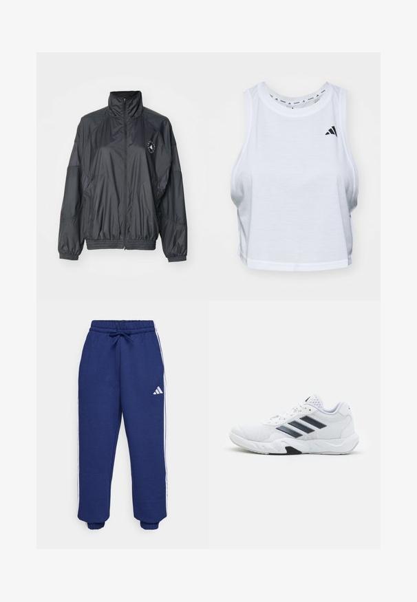 Czarna kurtka zapinana na zamek z wysokim kołnierzem, elastycznymi mankietami i marszczoną talią. Wykonana z lekkiego, gładkiego materiału z detalem z logo.; Biały krótki top wykonany z lekkiego materiału z okrągłym dekoltem. Posiada czarne logo po lewej stronie i gładką fakturę.; Granatowe spodnie sportowe wykonane z miękkiego materiału, z białymi paskami po bokach, elastycznym pasem ze ściągaczem oraz elastycznymi mankietami.; Białe buty sportowe z siateczkową cholewką, trzy czarne paski po boku, teksturowane akcenty i solidna gumowa podeszwa z kontrastującą czarną sekcją.