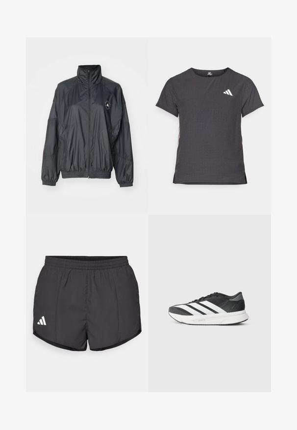Musta vetoketjullinen takki, jossa on korkea kaulus, joustavat hihansuut ja kerrottu vyötärö. Valmistettu kevyestä, sileästä kankaasta, jossa on logotyyppinen yksityiskohta.; Lyhythihainen urheilupaita, tummanharmaa, jossa on reikäkudot. Ominaisuuksina valkoinen logo ja kontrastiväriset sivusuunnat. Pyöreä pääntie.; Mustat urheilushortsit kevyestä kankaasta, joissa on joustava vyötärö ja valkoinen Adidas-logo vasemmassa alakulmassa.; Musta urheilukenkä, jossa on valkoisia raitoja, verkkomateriaalia yläosassa, pehmustettu pohja ja tyylikäs muotoilu. Harmaat yksityiskohdat kantapäässä ja kielessä.