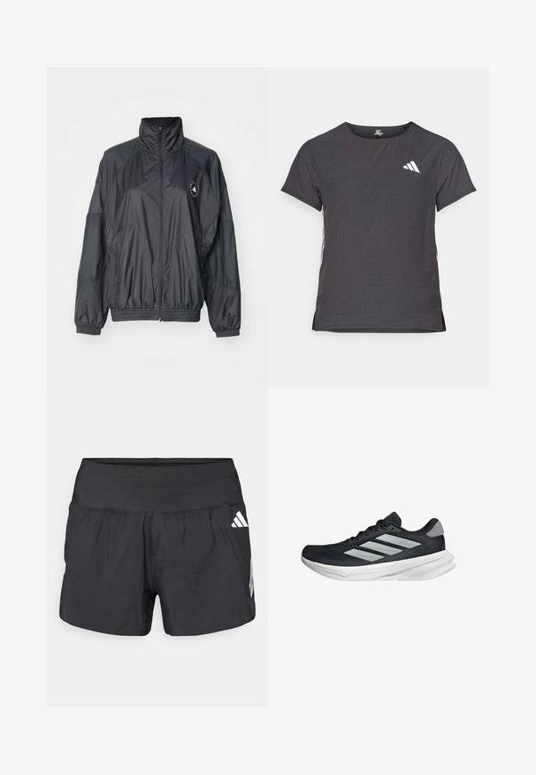 Crna zip-jakna s visokom ovratnikom, elastičnim rukavima i naboranim strukom. Izrađena od laganog, glatkog materijala s detaljem logotipa.; Majica kratkih rukava za sport, tamno siva s perforiranim uzorkom. Ima bijeli logo i kontrastne bočne pruge. Zaobljeni izrez.; Crne sportske kratke hlače s širokim elastičnim pojasom, laganom tkaninom i bijelim logotipom na donjoj strani.; Crne trkačke tenisice s mrežastim gornjim dijelom, tri srebrne pruge, bijeli srednji sloj i teksturirani potplat. Sadrži podstavljeni ovratnik i zatvaranje s vezicama.
