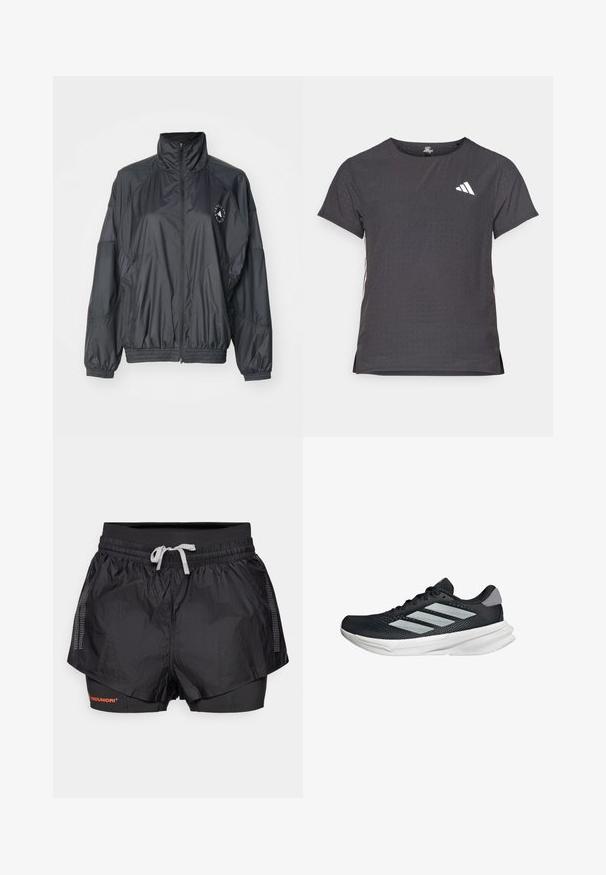 Black zip-up jacket featuring a high collar, elasticated cuffs, and a gathered waist. Made from lightweight, smooth fabric with a logo detail.; Short-sleeve athletic t-shirt, dark gray with perforated texture. Features a white logo and contrasting side stripes. Rounded neckline.; Black athletic shorts with a textured outer layer, mesh paneling, and an inner fitted layer. Features an elastic waistband with a drawstring.; Black running shoe with mesh upper, three silver stripes, white midsole, and textured outsole. Features padded collar and lace closure.