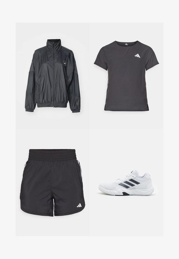 Crna zip-jakna s visokom ovratnikom, elastičnim rukavima i naboranim strukom. Izrađena od laganog, glatkog materijala s detaljem logotipa.; Majica kratkih rukava za sport, tamno siva s perforiranim uzorkom. Ima bijeli logo i kontrastne bočne pruge. Zaobljeni izrez.; Crne atletske kratke hlače s elastičnom trakom u struku, bočnim džepovima i bijelim prugama sa strane. Izrađene su od laganog materijala.; Bijela atletska cipela s mrežastim gornjim dijelom, tri crne pruge sa strane, strukturirani detalji i čvrst gumeni potplat s kontrastnim crnim dijelom.