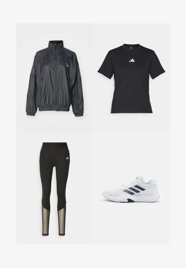 Schwarze Reißverschlussjacke mit hohem Kragen, elastischen Bündchen und gerafftem Bund. Hergestellt aus leichtem, glattem Stoff mit Logodetail.; Schwarzes T-Shirt mit kurzen Ärmeln aus weichem Stoff. Mit einem weißen Adidas-Logo und kontrastierenden weißen Streifen an den Seiten.; Schwarze Sportleggings mit hohem Bund, die Mesh-Einsätze an den Unterschenkeln und ein gesticktes Logo an der Hüfte aufweisen.; Weißer Sportschuh mit Mesh-Obermaterial, drei schwarzen Streifen an der Seite, strukturierten Akzenten und einer robusten Gummisohle mit einem kontrastierenden schwarzen Bereich.