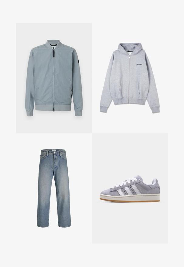 Vaaleanharmaa bomber-tyylinen takki, vetoketjukiinnitys, ribbikolka ja -hiharesorit, sivutaskut, minimalistinen muotoilu ja pieni tunnuslogo hihassa.; Harmaa vetoketjuhuppari, joka on valmistettu pehmeästä silmukkakankaasta. Sisältää kengurutaskun ja ribbauskahvat. Edessä on pieni musta logo vasemmassa rinnassa.; Valkoinen puuvillainen t-paita, jossa on pyöreä kaula-aukko, lyhyet hihat ja suora helma. Vasemmassa sauman kohdassa on pieni bränditunnus.; Vaaleansiniset farkut löysällä istuvuudella, korkealla vyötäröllä ja suoralinjaisilla lahkeilla. Ominaisuuksiin kuuluvat etutaskut ja metallinnappi.; Harmaan mokkanahkaiset lenkkarit valkoisilla raidoilla, pyöreä kärki ja kumipohja. Sivulla on reikiä ja teksturoitu kantapää.