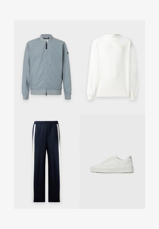 Šviesiai pilkas bomber stiliaus švarkas, užtrauktukas, riboti apykaklė ir rankogaliai, šoniniai kišeniai, minimalistinis dizainas su mažu akcento logotipu ant rankovės.; Balta džemperis su apvalia iškirpte, ilgomis rankovėmis ir raukšlėtais rankogaliais. Priekyje yra auksinė spauda: "HZW (25-26) HOLZWEILER THE SUN."; Jūrų laivyno kelnės su plačia kojų forma, su vertikaliomis smėlio spalvos juostelėmis šoninėse dalyse. Pagamintos iš minkštos, tekstūrinės medžiagos, su elastinga juosmens juosta.; Balti odiniai sportiniai bateliai su lygia apdaila, apvaliu pirštu, plokščiais raišteliais ir tekstūruotu padu. Pasižymi subtiliu logotipu ant kulno.