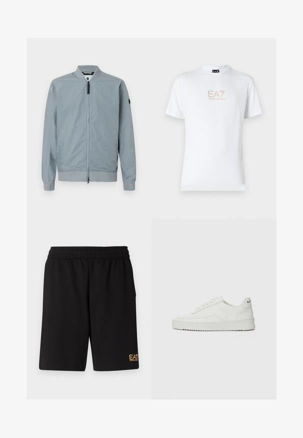 Light grey bomber jacket, zip closure, ribbed collar and cuffs, side pockets, minimal design with a small accent logo on the sleeve.; White cotton t-shirt featuring a round neckline and short sleeves, with a gold EA7 Emporio Armani logo printed on the front.; Black athletic shorts made of soft fabric,Featuring an elastic waistband and a small yellow EA7 logo on the lower left leg.; White leather sneaker with a smooth finish, round toe, flat laces, and a textured sole. Features a subtle logo on the heel.