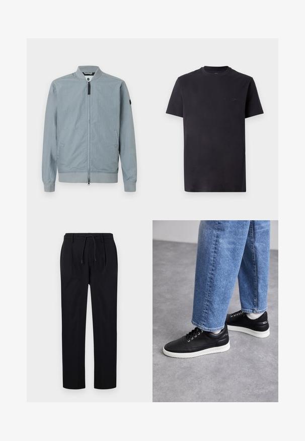 Lichtgrijze bomberjack, met ritsluiting, ribbelkraag en -manchetten, zijzakken, minimalistisch ontwerp met een klein accentlogo op de mouw.; Zwarte katoenen t-shirt met een ronde hals, korte mouwen en een reliëf logo detail op de borst. Soepele textuur, ontspannen pasvorm.; Zwarte broek van gladde stof, met een elastische tailleband, rechte pijpen en plooien aan de voorkant voor een gestructureerde uitstraling.; Zwarte leren sneakers met witte rubberen zolen, voorzien van ronde veters, een glad oppervlak en subtiele branding op de hak. Draagt met blauwe jeans.