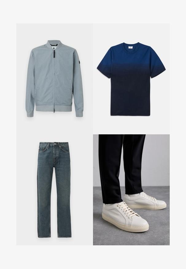 Light grey bomber jacket, zip closure, ribbed collar and cuffs, side pockets, minimal design with a small accent logo on the sleeve.; Navy blue cotton t-shirt with a round neck, short sleeves, and a subtle gradient design transitioning from lighter to darker shades.; Dark blue denim jeans with a straight leg design, featuring five pockets, a button closure, and contrasting stitching details.; Light beige leather sneakers with flat laces, a textured surface, and a contrasting cream-colored rubber sole, paired with black tapered pants.