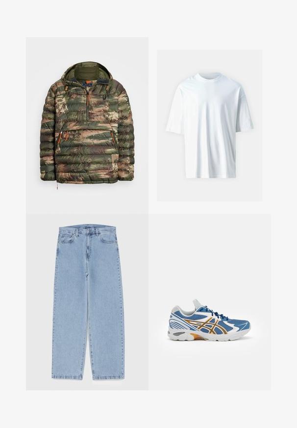 Kameru jaka ar maskēšanās rakstu zaļos un brūnos toņos; tai ir kapuce, oranžs rāvējslēdzējs un priekšējais kabata ar rakstainu detaļu.; Balts īsām piedurknēm T-krekls, kas izgatavots no mīkstas kokvilnas. Tam ir apaļa kakla izgriezums, brīva piegriezuma forma un gluda tekstūra. Nav redzamu rakstu vai akcentu.; Gai zila džinsu bikses ar taisnu kāju dizainu, kas piedāvā vidēju vidukļa augstumu, piecas kabatas un pogas un rāvējslēdzēja aizdari.; Zila sporta apava ar acs audumu augšdaļu, baltiem un oranžiem akcentiem, ar mīkstinātu vidusdaļu un teksturētu gumijas zoli. Iespējama saslēdzama dizaina.