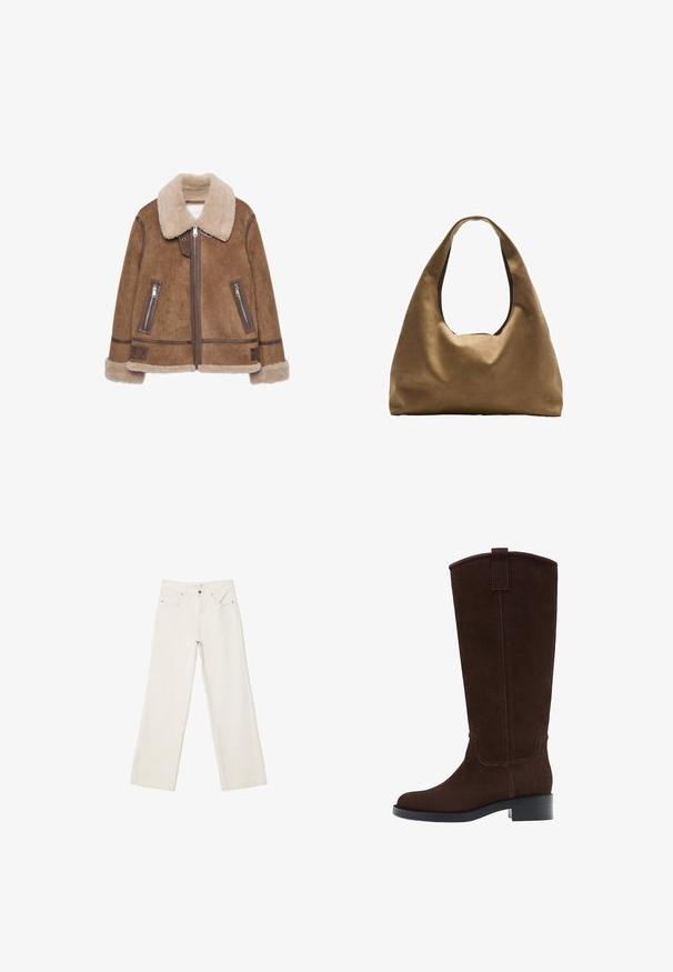Hnedá kožuchová bunda s béžovým golierom. Vlastnosti zahŕňajú zipsové vrecká, kožené akcenty a mäkkú textúru po celom povrchu.; Mäkký béžový sveter s dlhým rukávom a okrúhlym výstrihom, s rebrovými rukávmi, spodným lemom a výstrihom, vystavený položený na bielom pozadí.; Biele široké rifle vyrobené z denimu, s vysokým pásom, prednými vreckami a zapínaním na gombík. Čistý dizajn s minimálnymi akcentmi.; Hnedé semišové čižmy po kolená s okrúhlou špičkou, jemným prešívaním a nízkym blokovým podpätkom; majú pútko na hornom okraji pre jednoduché obúvanie.; Hnedá látková taška cez rameno s širokým, zaobleným telom a veľkým vyrezaným uchom. Mäkčená textúra, minimalistický dizajn a bez viditeľného kovania.