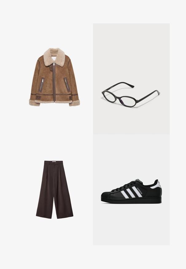 Veste en shearling marron avec un col beige. Ses caractéristiques incluent des poches zippées, des accents en cuir et une texture douce dans l'ensemble.; Cardigan beige avec des rayures horizontales vertes et brunes. Il présente un col rond, sept boutons sur le devant, ainsi que des poignets et un ourlet côtelés.; Pantalons larges noirs à taille haute, dotés de pli devant et d'une fermeture à bouton à la taille, fabriqués en tissu lisse.; Baskets Adidas Superstar noires avec rayures blanches, bout en coque, et texte "Superstar" sur le côté, montrées en profil sur fond blanc.; Lunettes à monture ovale noire avec des accents translucides violets sur les verres. La monture a une finition mate et des branches fines et droites.; Petit sac à main crème avec une finition texturée, une longue sangle réglable, un accent en chaîne et une fermeture à rabat. Détails en matériel doré.