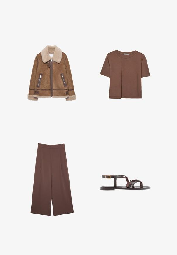 Ruskea shearling-takki, jossa on vaalean beige kaulus. Ominaisuuksiin kuuluvat vetoketjulliset taskut, nahkaosat ja pehmeä pinta kauttaaltaan.; Kahvinsävyinen lyhythihainen t-paita, joka on valmistettu pehmeästä kankaasta. Pyöreä pääntie ja rento malli. Ei näkyviä kuvioita tai koristeita.; Ruskeat leveälahkeiset housut, joissa on sileä pinta, korkea vyötärö ja etupleat. Kangas on kevyttä ja laskeutuu väljänä.; Ruske kožne sandale s križnim trakama, zatvaranjem na kopču oko gležnja i ravnim potplatom s minimalnim detaljima šivanja.