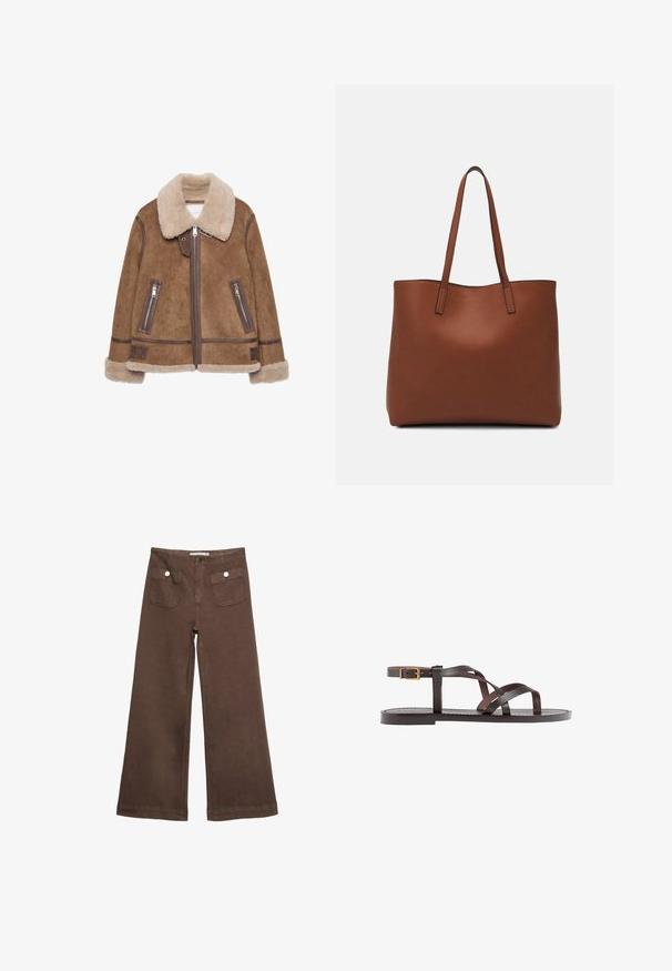 Hnědá vlnařinová bunda s béžovým límcem. Mezi její vlastnosti patří zipové kapsy, kožené detaily a měkká textura po celém povrchu.; Hnědé tričko s krátkým rukávem vyrobené z měkké látky, s kulatým výstřihem a volným střihem. Bez viditelných vzorů nebo dekorací.; Hnědé široké kalhoty vyrobené z bavlny, s dvěma předními kapsami a stříbrnými knoflíky, s hladkou texturou.; Hnědé kožené sandály s kříženými pásky, uzavřením na přezku u kotníku a plochou podrážkou s minimem švů.; Hnědá kožená taška přes rameno s hladkou texturou, otevřeným designem a dvěma ramenními popruhy. Obsahuje minimální švy a žádné viditelné kovové prvky.