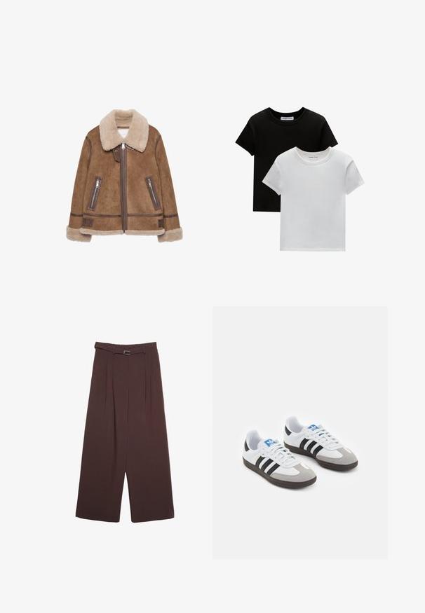Brown shearling jacket with a beige collar. Features include zippered pockets, leather accents, and a soft texture throughout.; Two crew-neck t-shirts in black and white, made of cotton. They feature short sleeves and a solid color design with no patterns or accents.; Stradivarius WIDE-LEG WITH BUCKLE DETAIL - Trousers - dark brown; Sport shoes with a white leather upper, gray suede toe, and three black stripes. Features a blue logo on the tongue and a textured rubber sole.