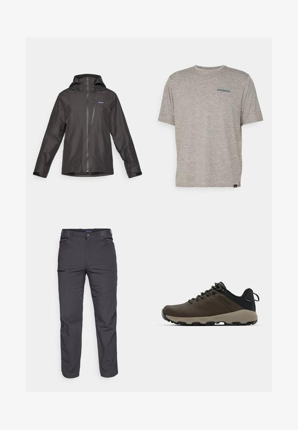 Crna vodootporna jakna s kapuljačom, prednjim patentnim zatvaračem i podesivim manžetama. Ima logo na lijevoj strani prsiju i glatku, teksturiranu završnu obradu.; Siva majica kratkih rukava izrađena od mekane, teksturirane tkanine s malim plavim Patagonia logotipom na lijevoj strani prsiju. Bez dodatnih uzoraka.; Tamno sivi hlače od izdržljive tkanine, s patentnim zatvaračem na džepu, ravnog kroja i s petljama za remen za podešavanje veličine.; Smeđe vodootporne tenisice s teksturiranom gornjom i perforiranim detaljima, crnom potporom za petu i sivim gumiranim potplatom. Čipke su stilizirane s metalnim krajevima.
