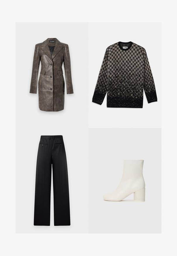 Brūna ādas jaka ar asu apkakli, viens pogas aizvērums, sānu kabatas un gluda tekstūra. Sagriezts piegriezums ar garām piedurknēm.; Adītā džemperis ar dimanta rakstu bēšā un melnā krāsā, ar pakāpenisku krāsu pāreju. Apaļā izgriezuma un garām piedurknēm. Mīksta tekstūra.; Melni platleņķa bikses ar plakanu priekšpusi, divām aizmugurējām kabatām ar pogām un gludu tekstūru. Uzvalka dizains ar taisnu griezumu.; Baldais ādas potītes zābaks ar noapaļotu purngalu un masīvu cilindrisku papēdi. Gluda tekstūra, minimāls dizains, nav redzamu aksesuāru vai rakstu.