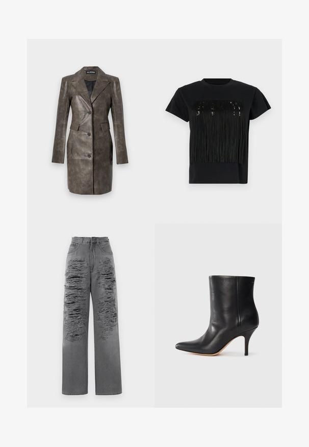 Giubbotto in pelle marrone con colletto a punte, chiusura a un bottone, tasche laterali e superficie liscia. Vestibilità su misura con maniche lunghe.; T-shirt nera a maniche corte con un design a frange sulla parte anteriore. Le frange sono realizzate in un materiale testurizzato, aggiungendo profondità.; Jeans grigi alti in vita con grandi strappi sfilacciati sul davanti. Presentano un design a gamba dritta e orlo sfilacciato. Inclusi cinque tasche.; Stivale alla caviglia in pelle nera con punta affilata, sottile tacco a stiletto e superficie liscia. Design minimalista senza hardware o accenti visibili.