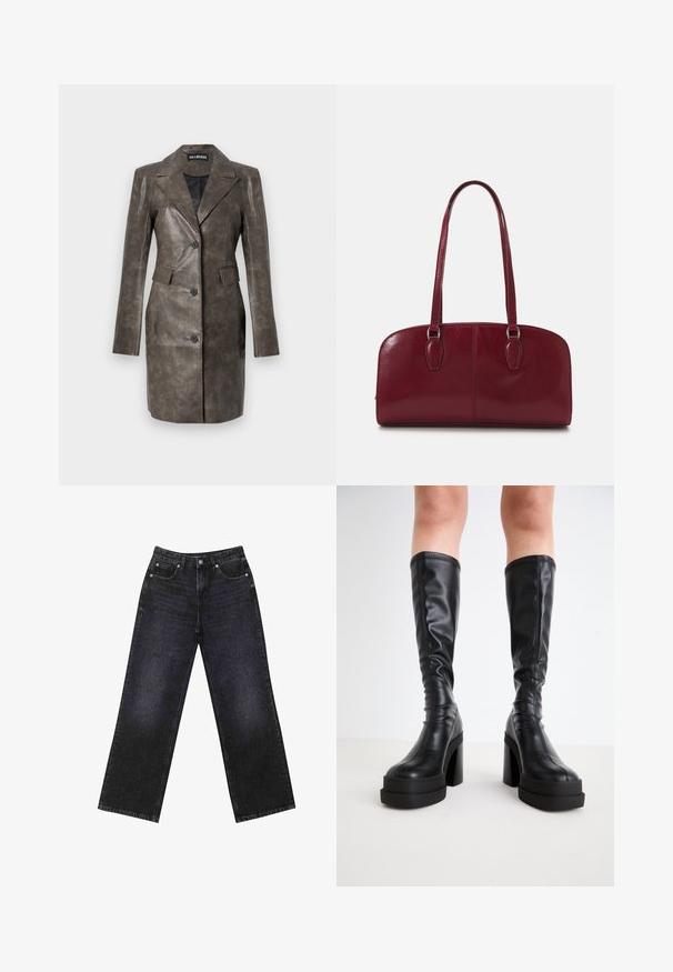 Brązowa skórzana kurtka z ostrym kołnierzem, zapięciem na jeden guzik, bocznymi kieszeniami i gładką fakturą. Dopasowany krój z długimi rękawami.; Biały top bez rękawów, prążkowana tekstura, okrągły dekolt, dopasowany krój, subtelne logo na metce wewnątrz obszaru kołnierza.; Czarne dżinsy z wysokim stanem i szerokimi nogawkami, pięciokieszeniowy design oraz widoczne szwy. Materiał ma gładkie, lekko teksturowane wykończenie.; Czarne, sięgające do kolan botki z gładkiej skóry, z grubą platformą i słupkowym obcasem, ozdobione przeszyciami wzdłuż krawędzi.; Zign MURREN ciemnoczerwony