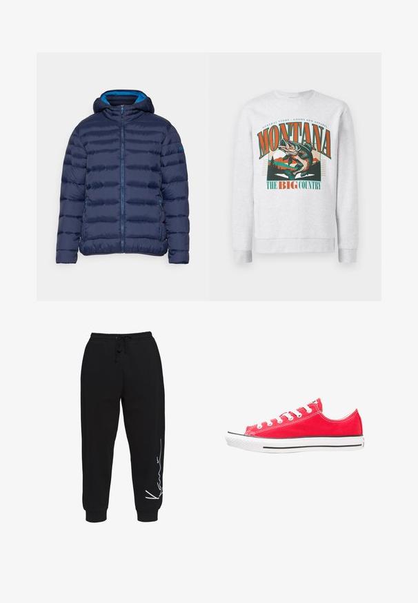 Veste matelassée marine avec capuche, dotée d'une fermeture éclair à l'avant, d'une doublure bleue contrastée et de poches latérales à fermeture éclair.; Sweatshirt gris clair avec un grand graphique d'un poisson sautant, des montagnes et des arbres, avec le texte "Montana The Big Country" en orange et vert.; T-shirt en coton blanc avec un col rond et des manches courtes, arborant un logo noir brodé centré sur la poitrine.; Pantalons de survêtement noirs en coton, dotés d'une taille élastique avec cordon de serrage, de jambes fuselées et d'un design de logo blanc sur le côté gauche.; Baskets en toile rouge avec embout et semelle en caoutchouc blanc. Comprend cinq paires d'œillets blancs, une rayure noire sur le côté et une surface texturée.