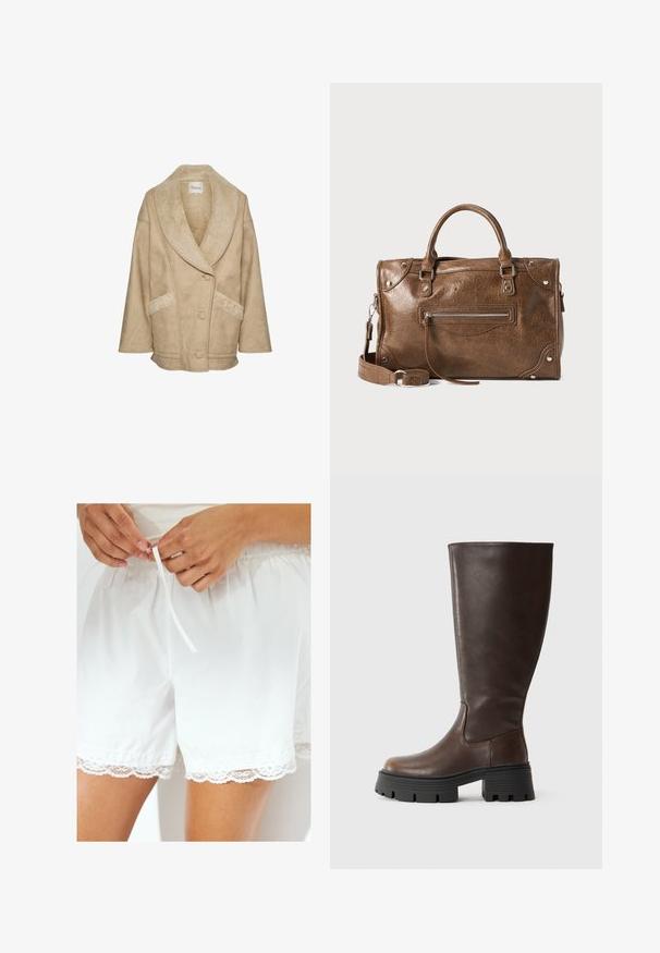Beige shearling jacket with a wide collar, button closure, and side pockets. Features textured fabric and contrasting shearling accents.; White tank top made of lightweight fabric. Features a rounded neckline and wide armholes, with a smooth texture and minimal design.; White cotton shorts featuring elastic waistband and drawstring, with lace trim along the hem for added detail.; Brown knee-high boot made of smooth synthetic leather, featuring a chunky black platform sole and minimal stitching for a sleek design.; Brown leather handbag with an adjustable shoulder strap, top handles, zipped front pocket, and metallic hardware accents. Textured finish.