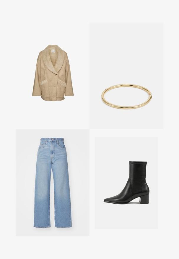 Beige schapenleren jacket met een brede kraag, knoopsluiting en zijzakken. Heeft een textuurtstof en contrasterende schapenleren accenten.; Marineblauwe coltrui met lange mouwen. Gemaakt van zachte stof met een gladde textuur. Heeft een aansluitend ontwerp en een hoge kraag zonder zichtbare naden.; Lichtblauwe high-waist wijde jeans met een knoop- en ritssluiting aan de voorkant, voor- en achterzakken, op een witte achtergrond.; Zwarte enkelboot van soepel leer, met een spitse neus, een blokhak en duidelijke verhoogde stiksels aan de bovenrand.; Gouden bangle armband met een gladde, glanzende afwerking, met een ronde vorm en een subtiele sluiting.