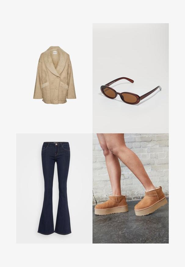 Beige shearling jacket with a wide collar, button closure, and side pockets. Features textured fabric and contrasting shearling accents.; Black, short-sleeved turtleneck top made of ribbed fabric, featuring a slim fit and a high collar design. Simple and textured pattern.; Dark denim flared jeans with a fitted waist, featuring a front button closure, five-pocket design, and seam detailing along the legs.; Brown suede ankle boots with a plush lining, thick beige platform sole, and a rear pull tab. Textured surface with visible stitching details.; Round, brown-tinted sunglasses with a glossy burgundy frame. Slim arms with subtle branding detail. Flat lens design.