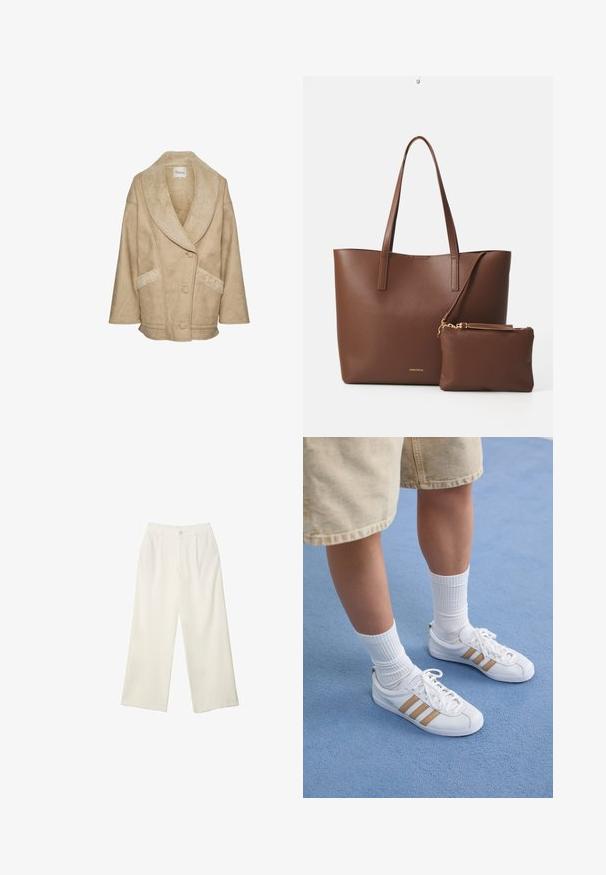 Giacca di shearling beige con un ampio colletto, chiusura a bottoni e tasche laterali. Presenta un tessuto testurizzato e accenti in shearling a contrasto.; Maglietta bianca a maniche lunghe realizzata in tessuto a coste, con scollatura rotonda e orlo dritto. Design semplice e uniforme.; Pantaloni a gamba larga in tessuto crema con una texture liscia, caratterizzati da un singolo bottone frontale, pieghe sottili e un design a vita alta.; Sneaker bianche con tre strisce dorate, design con lacci, suola in gomma, indossate con calze bianche a coste e pantaloni beige su una superficie blu.; Borsa a tote in finta pelle marrone con due manici lunghi e una piccola pochette coordinata. La superficie presenta un motivo testurizzato e dettagli in metallo dorato.