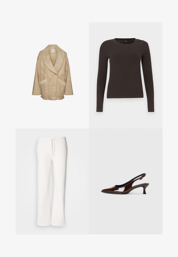 Beige shearling jacket with a wide collar, button closure, and side pockets. Features textured fabric and contrasting shearling accents.; Brown, long-sleeve ribbed top with a crew neckline. Made from a smooth, stretchy material, featuring a fitted silhouette and minimal detailing.; White, relaxed-fit sweatpants made of soft fabric, featuring an elastic waistband with a drawstring and straight-leg design.; Brown patent leather slingback shoe with a pointed toe and a moderate heel. Features a buckle strap for secure fit. Smooth texture.