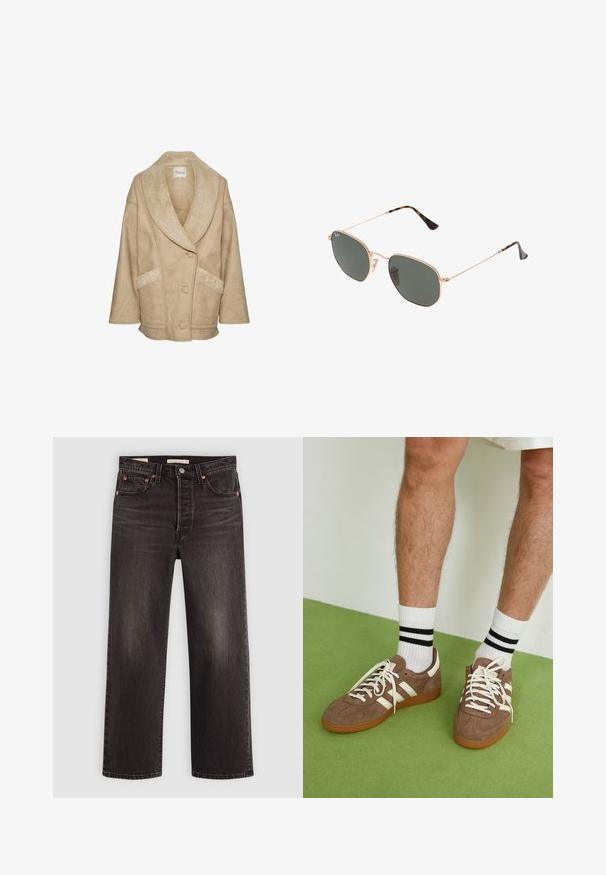 Chaqueta de borrego beige con un amplio cuello, cierre de botones y bolsillos laterales. Presenta una tela texturizada y acentos de borrego en contraste.; Top blanco de manga larga con escote amplio, aberturas laterales y una tela suave y ligera, que presenta un diseño simple y minimalista.; Jeans de mezclilla negra con un diseño de pierna recta. Presentan remaches de cobre y bolsillos. Textura suave y acabado ligeramente deslavado.; Zapatillas de ante marrón con acentos y cordones blancos. Suela de goma color caramelo. Usadas con calcetines blancos con rayas negras. Suelo texturizado verde.; Gafas de sol de metal dorado con lentes verde oscuro, estilo aviador, con patillas delgadas y acentos de carey en los extremos.; Bolso hobo de ante marrón con una base de cuero suave, forma curva, herrajes en tono dorado y un acento de correa central con detalle de logotipo.