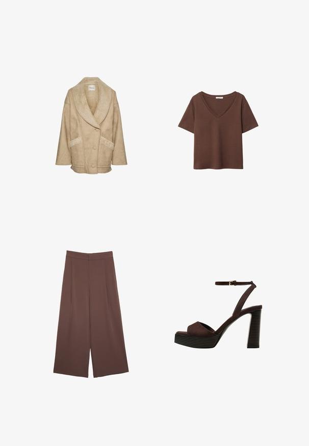 Beige Schaffelljacke mit weitem Kragen, Knopfverschluss und seitlichen Taschen. Sie besticht durch ihren strukturierten Stoff und kontrastierende Schaffell-Akzente.; Braunes Baumwoll-T-Shirt mit kurzen Ärmeln und tiefem V-Ausschnitt. Einfaches Design, weiche Textur und gerade Saumlinie. Keine Muster oder Akzente.; Braune Weite-Leg-Hosen mit einer glatten Textur, hoher Taille und Vorderfalten. Der Stoff ist leicht und fällt locker.; Braune Wildleder-Pumps mit offenem Zeh, verstellbarem Knöchelriemen und gestreiftem Plateausohlen.