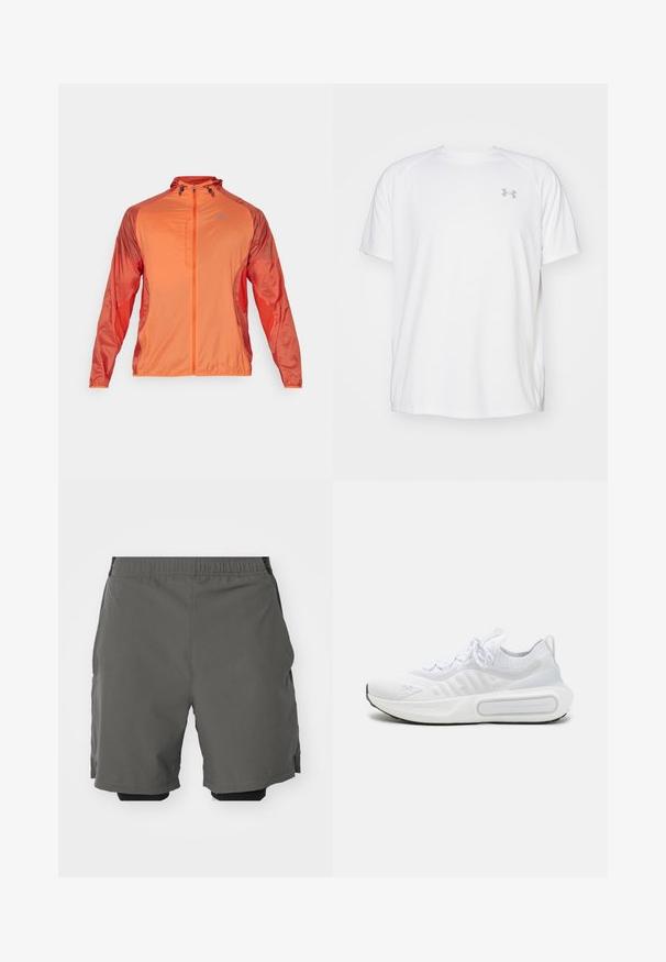 Chaqueta ligera con cremallera en un vibrante color naranja, con mangas de textura contrastante. La capucha ajustable y un logo en el pecho añaden detalles funcionales.; Camisa atlética de manga corta blanca, hecha de tejido suave. Presenta un cuello redondo y un logo gris en el lado izquierdo del pecho, con aberturas laterales en el dobladillo.; Pantalones cortos deportivos grises con una tela suave y liviana, y una cinturilla elástica, que incluyen pantalones cortos de compresión interiores y bolsillos laterales.; Zapatilla deportiva blanca con una parte superior de punto texturizado, cierre de cordones, suela acolchada y un detalle de marca distintivo en el lateral.