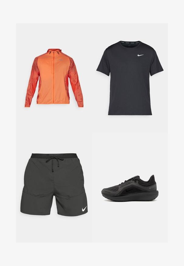 Veste légère zippée de couleur orange vif avec des manches texturées contrastantes. Capuche réglable et logo sur la poitrine ajoutent des détails fonctionnels.; T-shirt de course noir Nike en matériau léger et respirant, avec des manches courtes et un petit logo blanc sur la poitrine.; Shorts de course noirs avec une taille élastique, un cordon de serrage, des poches latérales et un logo Nike blanc sur la jambe inférieure gauche.; Chaussure de sport noire avec un dessus en tissu matelassé texturé, au design épuré, et semelle en caoutchouc noir. Présente un logo visible et une marque Gore-Tex.