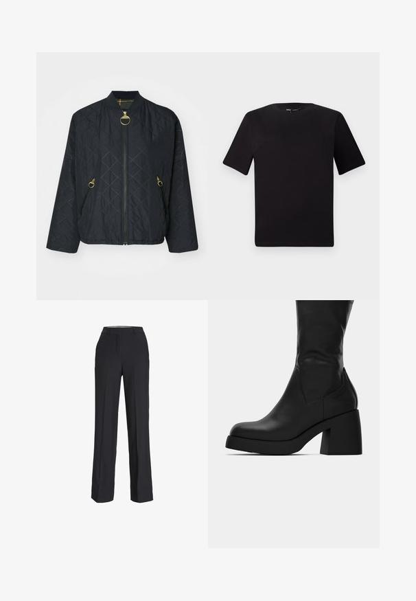 Gepolsterte schwarze Bomberjacke mit einem Zipper-Zieher in Gold, seitlichen Taschen und einer diamantartigen Struktur. Besitzt einen gerippten Kragen.; Schwarzes T-Shirt mit kurzen Ärmeln und Rundhalsausschnitt, aus weichem Baumwollmaterial gefertigt. Schlichtes Design, keine sichtbaren Logos oder Muster.; Schwarze, hochtaillierte Hose mit geradem Bein. Aus einem glatten Stoff gefertigt, mit vorderen Falten und Seitentaschen.; Schwarze Lederstiefelette bis zur Mitte der Wade mit kräftigem Blockabsatz und runder Zehenpartie, seitliche Ansicht auf weißem Hintergrund.