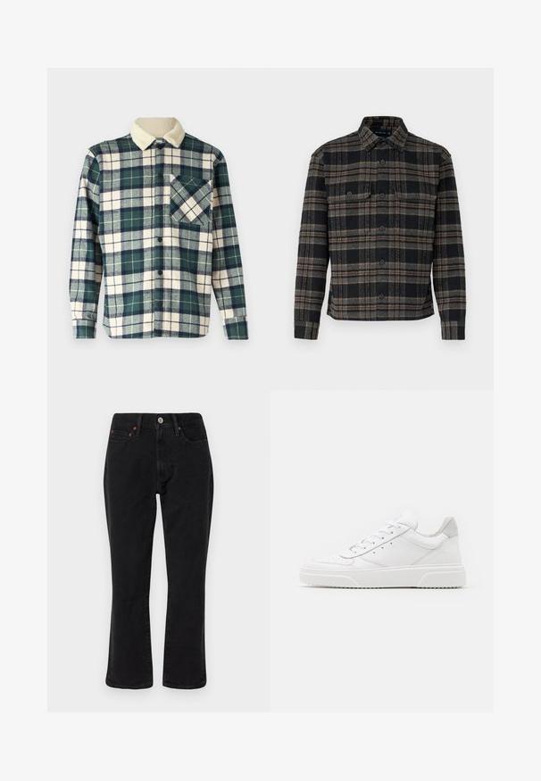 Kariertes Hemd in Dunkelgrün und Creme mit einem weichen Fleece-Kragen. Verfügt über einen Knopfverschluss und eine Brusttasche mit diagonalem Muster.; Schwarz- und graues Karo-Jacket mit einem Kragen, Knopfleiste und zwei Brusttaschen. Hergestellt aus einem strukturierten Stoff.; Schwarze Jeans aus Denim mit geradem Bein, Fünf-Taschen-Design und metallischen Elementen mit Kupferakzenten. Glatte Textur und mittelhoher Bund.; Weiße Leder-Sneaker mit glatter Oberfläche, rundem Zehenbereich, flachen Schnürsenkeln und strukturiertem Schuhsohlen. Graues Wildleder-Detail an der Ferse.