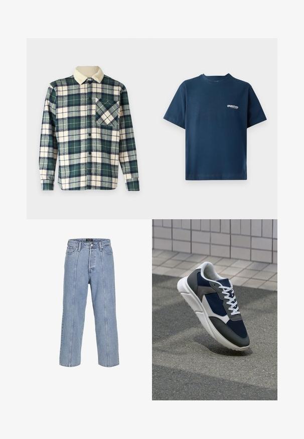 Plaid shirt in dark green and cream with a soft, fleece collar. Features a button closure and a chest pocket with a diagonal pattern.; Navy blue cotton t-shirt with short sleeves and a round neckline. Features a small white logo on the left chest area. Soft texture.; Light blue denim jeans with a loose fit, wide legs, and visible stitching details. Features a button and zip fly closure, five pockets.; Sneaker featuring a navy blue mesh upper, gray suede accents, white rubber sole, and flat white laces, designed for comfort and breathability.